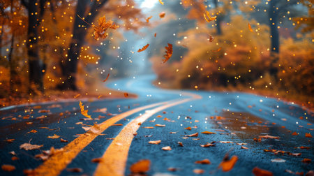 A wet road winds through a forest during autumn with fallen leaves and leaves falling from trees.の素材