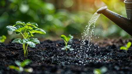 A watering hose pouring water onto a green plant in a garden.の素材