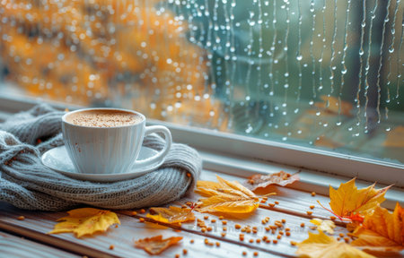 A white mug of coffee sits on a windowsill with a blanket and string lights, all against a snowy winter backdrop.の素材
