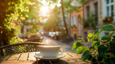 A cup of coffee is placed on top of a wooden table.の素材