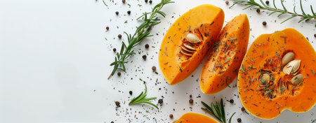 Close-up image of four butternut squash slices seasoned with rosemary, peppercorns, and other spices on a white surface.の素材