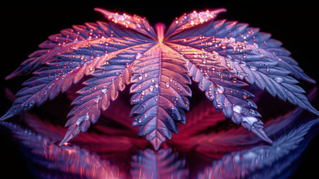 Detailed close-up view of a single leaf resting on a reflective surface, showing intricate textures and patterns.の素材