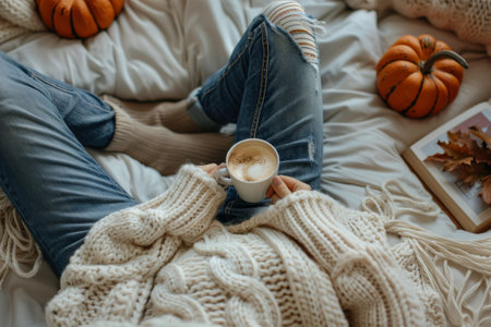 A woman relaxes in a cozy space, holding a warm cup of coffee and enjoying the autumn season.の素材