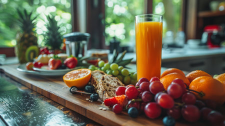 A wooden table displays an assortment of fresh fruits next to a glass of orange juice.の素材
