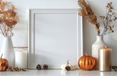 A white framed canvas mockup on a white mantel with a variety of pumpkins, dried flowers, and candles.の素材