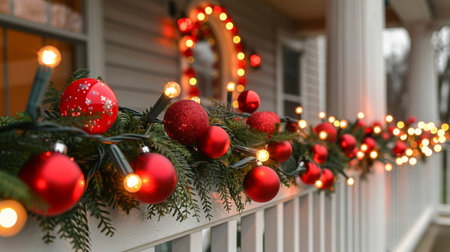 A row of various Christmas ornaments placed neatly on a window sill, creating a festive display against the backdrop of the window.の素材