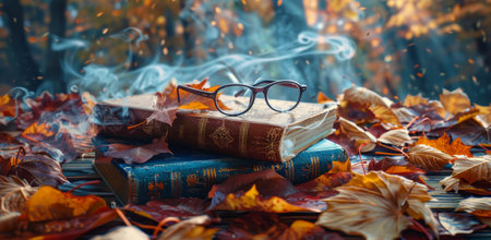 A close-up shot of vintage books and glasses resting on a bed of autumn leaves with wisps of smoke.の素材