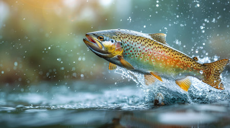 A brown fish is seen leaping out of the water in a dynamic motion.の素材