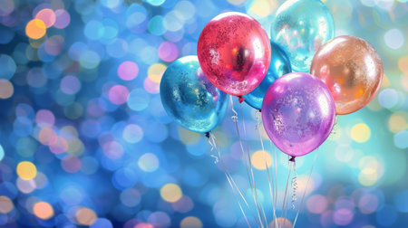 A collection of multi-colored balloons floating gracefully in the air against a clear blue sky.の素材