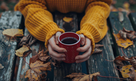 A persons hands, wearing warm yellow knitted gloves, hold a red mug of tea on a wooden table scattered with colorful autumn leaves.の素材