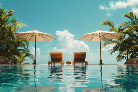 Two lounge chairs sit beside a sparkling pool with palm trees and umbrellas in the background.の素材