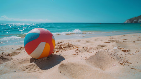 A vibrant beach ball rests on the sandy beach, contrasting against the neutral tones of the grains.の素材