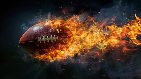 A football is on fire, flames engulfing it against a dark black background.の素材