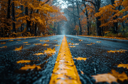 A close-up image of a wet asphalt road with yellow lines, fallen autumn leaves, and a background of trees.の素材