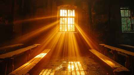 Sun rays shine through the windows of a church, illuminating the interior with a warm glow.の素材