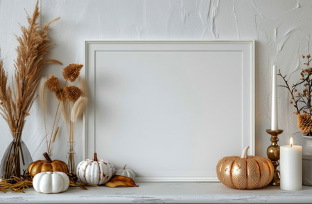 A white framed canvas mockup on a white mantel with a variety of pumpkins, dried flowers, and candles.の素材