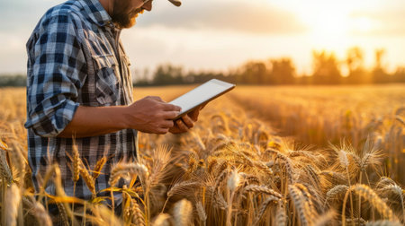 A man standing amidst a wheat field, holding a tablet in his hands.の素材