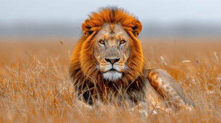A lion lying down in a field of tall grass, blending in with its surroundings in the wild.の素材
