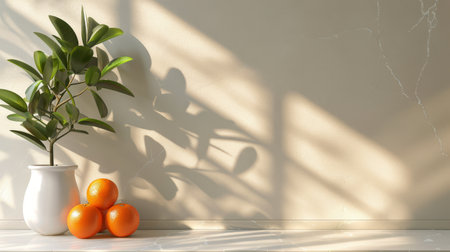 A white vase sits on a table, filled with fresh oranges.の素材