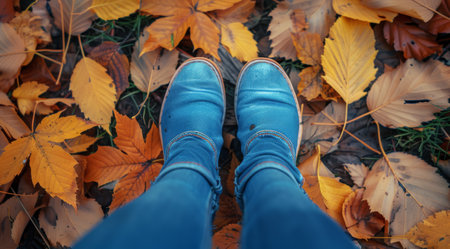 A pair of blue shoes with painted eyes stand on a bed of fallen autumn leaves.の素材