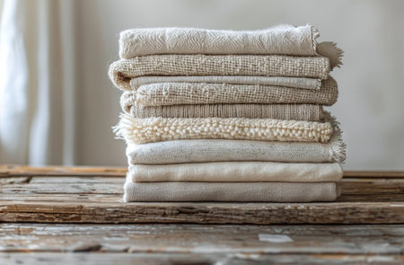 A stack of six knitted blankets in various shades of white and beige sits on a weathered wooden table near a window.の素材
