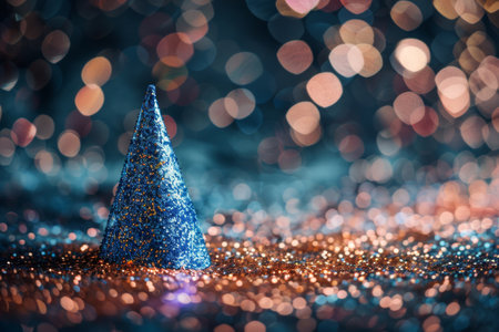 A blue glitter party hat sits on a bed of sparkling glitter. Out of focus, a teal background with golden bokeh lights creates a festive atmosphere.の素材