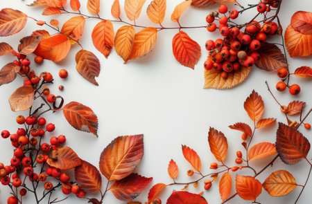 A close-up view of orange and red autumn leaves and berries arranged in a frame shape against a white background.の素材