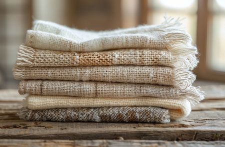 A stack of six knitted blankets in various shades of white and beige sits on a weathered wooden table near a window.の素材