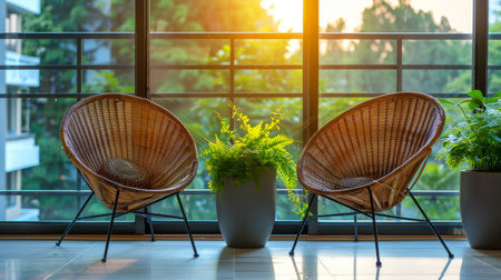 Two wicker chairs placed on a wooden floor.の素材