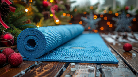 A woman is seated on a yoga mat laid out in front of a decorated Christmas tree, engaging in a yoga or meditation practice.の素材