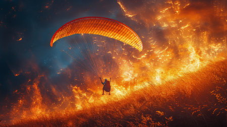 A person is paragliding in the sky against a vibrant orange background.の素材