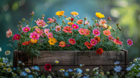 A wooden box filled with a variety of vibrant and colorful flowers.の素材