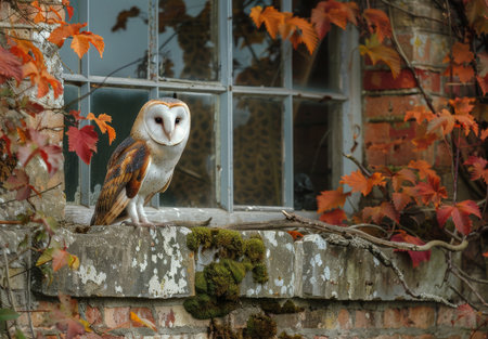 A barn owl sits perched on a window sill, looking out with its bright yellow eyes. The window is framed by weathered brick and the colors of autumn leaves.の素材