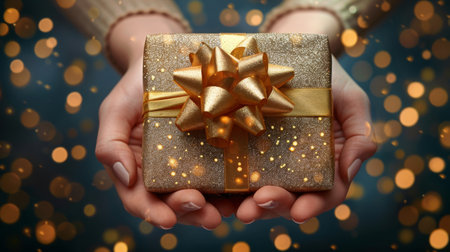 A person standing and holding a wrapped present in their hands.の素材