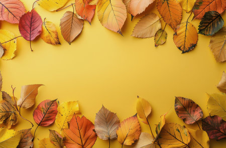 A flat lay photo of autumn leaves with different shades of yellow on a yellow background.の素材