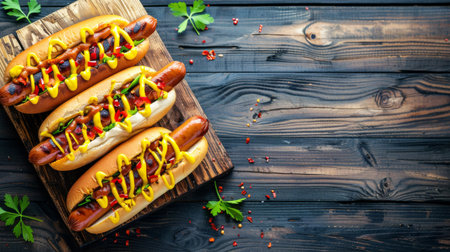 Three hot dogs topped with mustard and ketchup are placed on a wooden cutting board.の素材