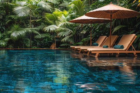 Two lounge chairs sit beside a sparkling pool with palm trees and umbrellas in the background.の素材