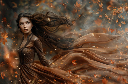 A woman wearing a brown dress with long hair poses in a forest as leaves fall around her.の素材