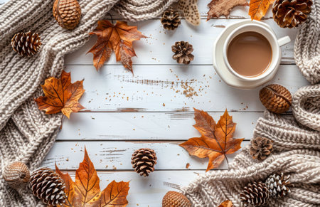 A cup of coffee with cinnamon sprinkled on top sits on a white wooden table surrounded by fall decorations like pine cones, leaves, and a cozy knitted blanket.の素材