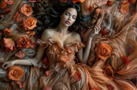 A woman wearing a brown dress with long hair poses in a forest as leaves fall around her.の素材