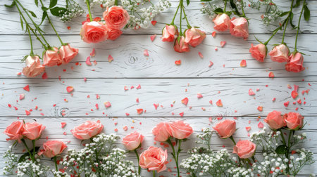 A group of pink roses displayed elegantly on a white wooden surface.の素材