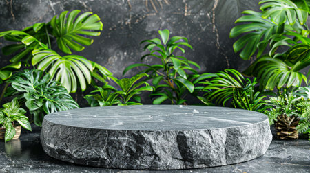 A stone round table is encircled by a variety of plants in a lush garden setting.の素材