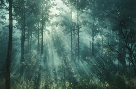 Sunlight filters through the trees in a dense forest, creating beams of light that pierce the morning fog.の素材