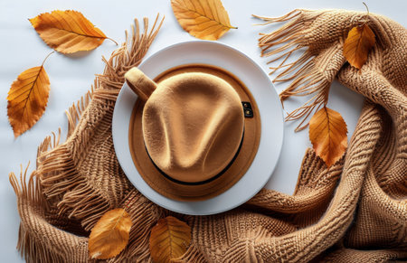 A top-down view of a white coffee cup filled with coffee, a brown knitted scarf, and fall leaves scattered across a white table.の素材