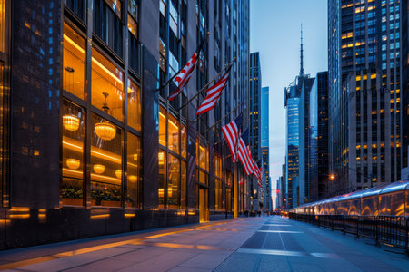 A street in New York City with skyscrapers on both sides. The street is empty except for a few people walking in the distance. American flags are flying from the buildings.の素材