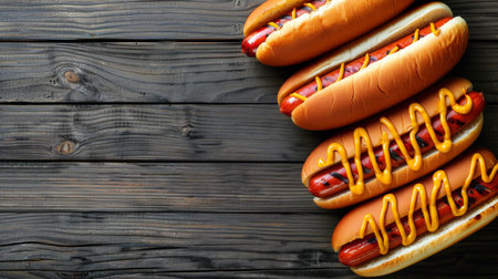 Four grilled hot dogs topped with mustard and ketchup on buns.の素材