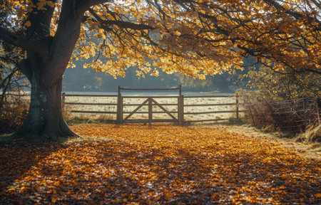 A picturesque autumn scene with a sunlit path leading to a wooden gate. Golden leaves cover the ground and a large tree casts a shadow over the path.の素材