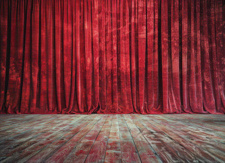 A stage is set with a vibrant red curtain hanging, contrasting with the warm wooden floor. The stage is empty, awaiting performers to bring it to life.の素材