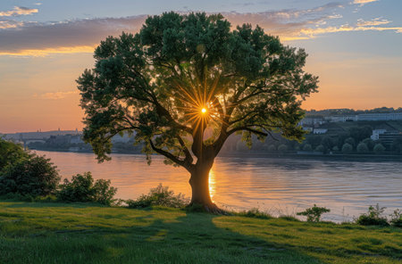 A large tree stands tall against a golden sunset, casting its shadow over a river and distant city.の素材