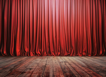 A stage is set with a vibrant red curtain hanging, contrasting with the warm wooden floor. The stage is empty, awaiting performers to bring it to life.の素材
